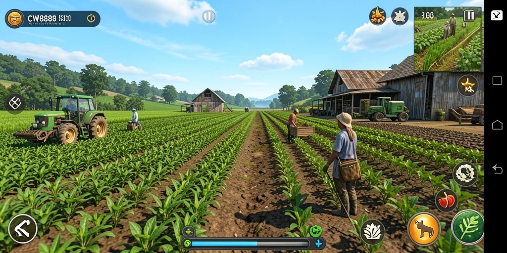 Screenshot gameplay CW8888 menampilkan aktivitas bertani dan beternak.