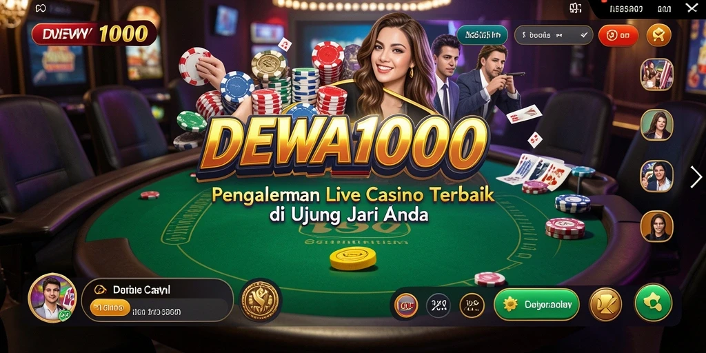 Screenshot gameplay DEWA1000 menampilkan dealer dan pemain dalam suasana Live Casino.