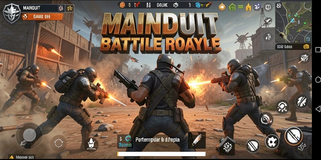 Gameplay seru di MAINDUIT dalam arena Battle Royale.