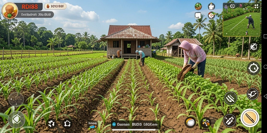 Tampilan gameplay <strong>RDI88</strong> saat bertani serta merawat hewan ternak.