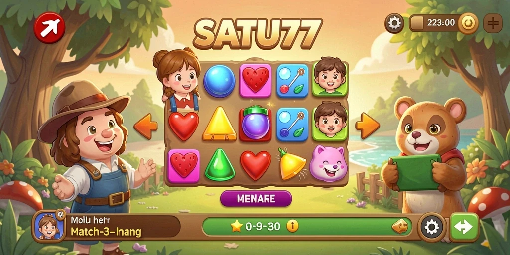 Tangkapan layar SATU77 menampilkan gameplay Match-3 yang menarik dan penuh warna.