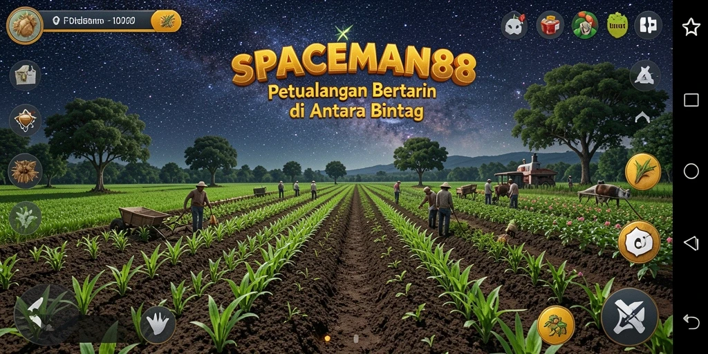 Tangkapan layar menunjukkan kebun alien yang indah dalam SPACEMAN88.